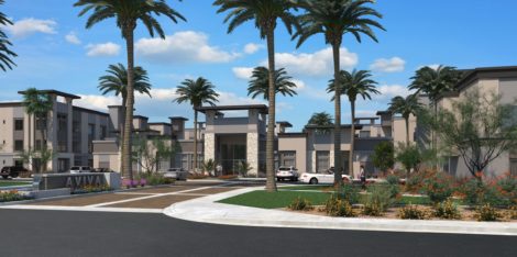 Main entrance perspective rendering at the Aviva Apartments in Mesa, Arizona. Project by Housing Trust Group.