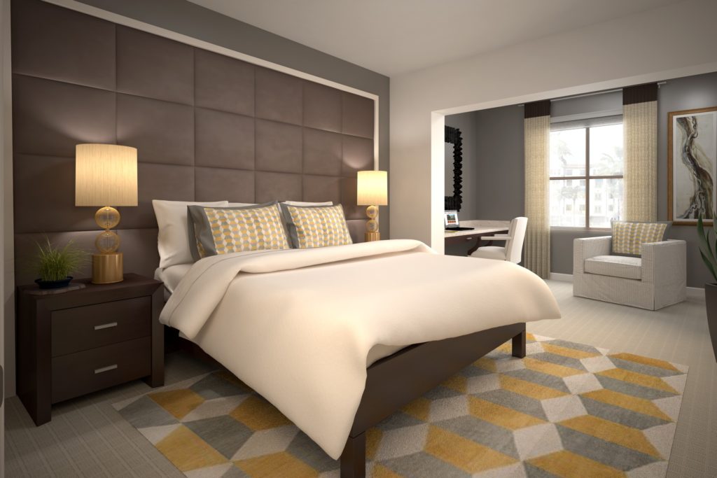 Bedroom interior rendering at the Cays at Ocotillo apartments.