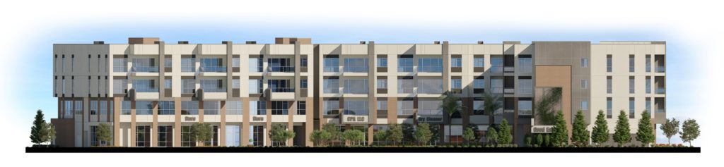 Rendered elevation of the Lakeshore Apartments, designed by Biltform, located in Tempe, Arizona.