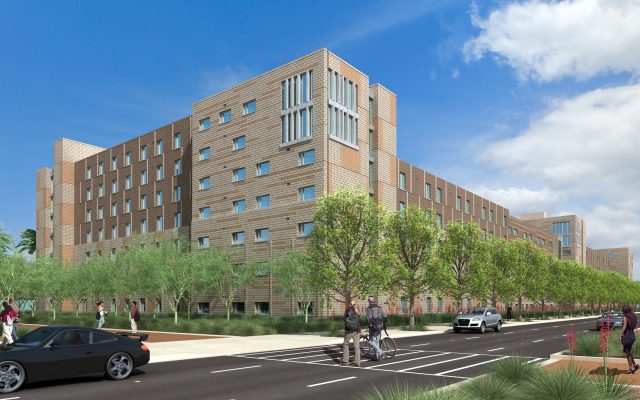 Streetscape perspective rendering of the Barrett Honors apartments at Arizona State University.