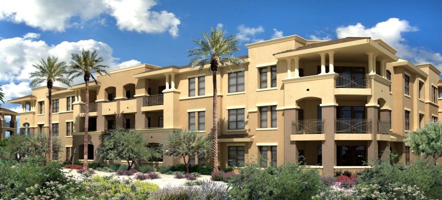Building perspective rendering at Corriente apartments.