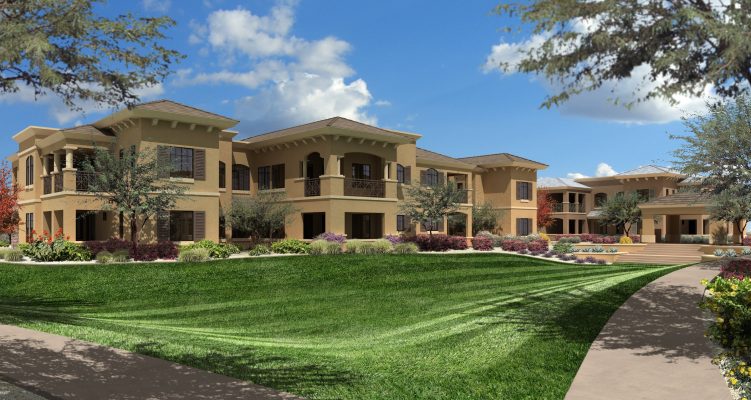 Building and courtyard perspective rendering at Indigo Apartments.