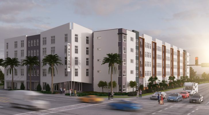 Corner perspective rendering of The Addison apartments in Florida. Project by Housing Trust Group.