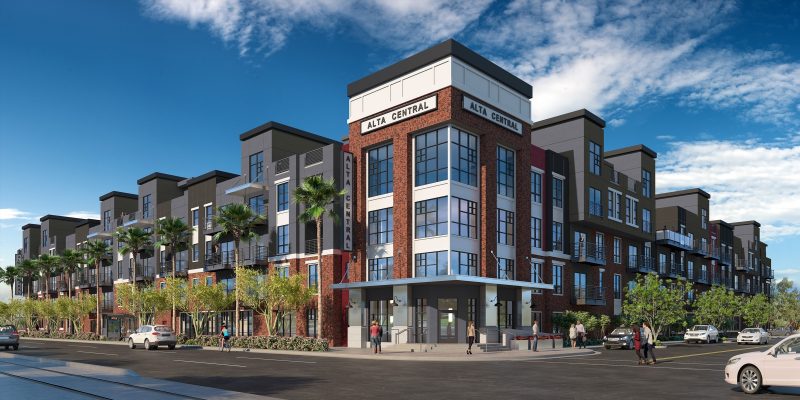 Streetscape rendering of the Alta Central apartments. Designed by Biltform Architecture. Project by Wood Partners.