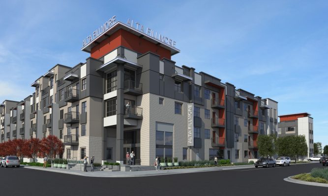 Alta Fillmore apartments perspective rendering. Wood Partners / Biltform Architecture.