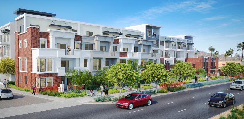 Raised perspective rendering of the Alta Osborn luxury apartments in Scottsdale, Arizona. Design by Biltform. Project by Wood Partners.