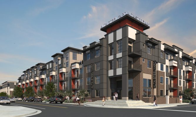 Corner perspective rendering of Alta Steelyards apartments in Chandler, Arizona.