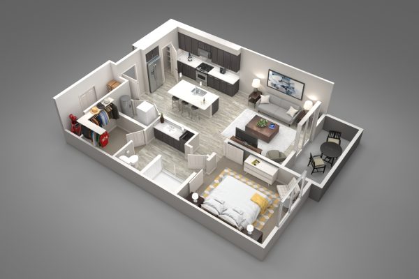 Birds-eye perspective rendering of a 1 bedroom apartment interior.
