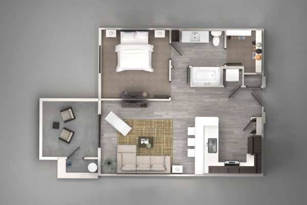 Top-down rendered floor plan of a 1 bedroom apartment interior.