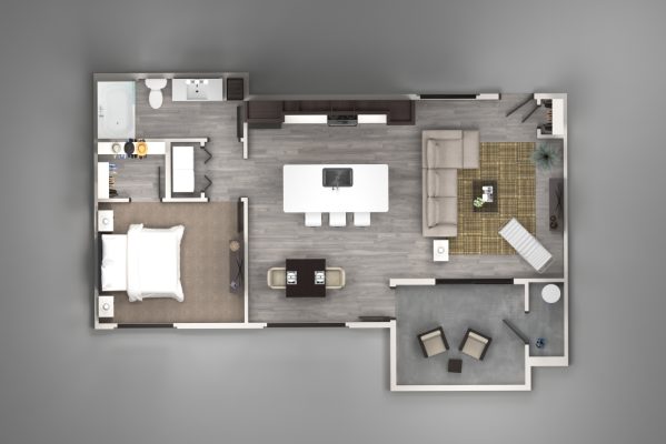 Top-down rendered floor plan of a 1 bedroom apartment interior.