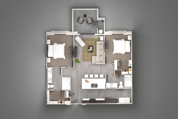 Top-down rendered floor plan of a 2 bedroom apartment interior.