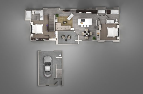 Top-down rendered floor plan of a 2 bedroom apartment interior. This is a loft unit, with a single car garage below.