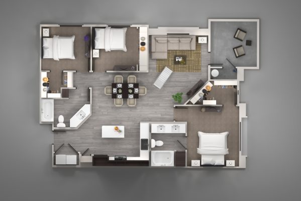 Top-down rendered floor plan of a 3 bedroom apartment interior.