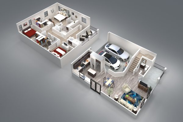 Birds-eye perspective rendering of a 2-story 3 bedroom apartment interior. Unit also includes a 2 car garage.
