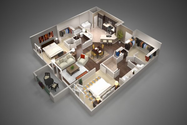 Birds-eye perspective rendering of a 2 bedroom apartment interior.