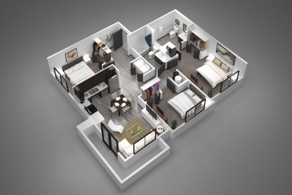 Birds-eye perspective rendering of a 3 bedroom apartment interior.