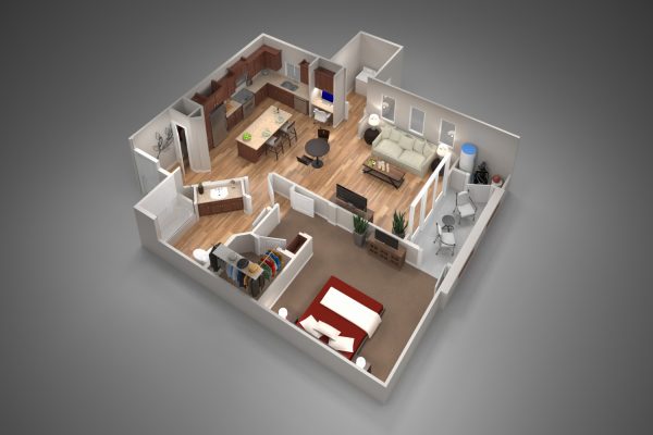 Birds-eye view 3d rendering of a 1 bedroom apartment interior.