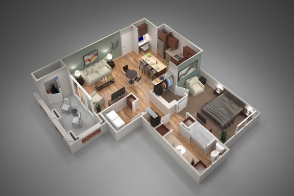Birds-eye view 3d rendering of a 1 bedroom apartment interior.