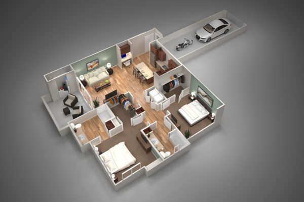 Birds-eye view 3d rendering of a 2 bedroom apartment interior. Apartment includes a tandem garage.