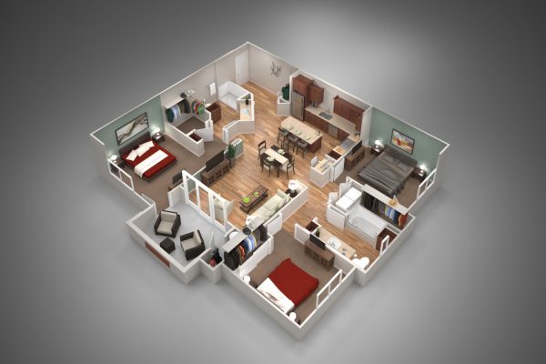 Birds-eye view 3d rendering of a 3 bedroom apartment interior.