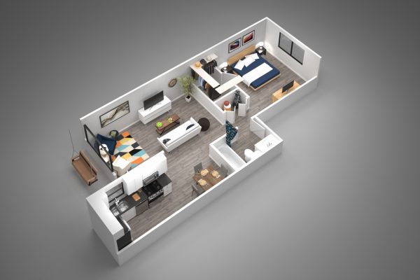 Birds-eye perspective rendering of a 1 bedroom apartment interior.