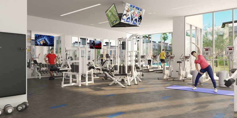 Interior rendering of the fitness center at the Aviva apartments in Mesa, Arizona.
