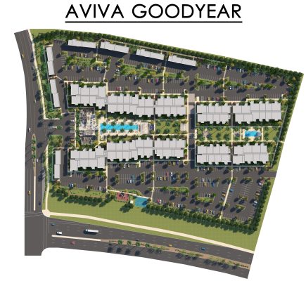 Rendered Site / Community Plan for the Aviva Goodyear apartment complex. Project by Housing Trust Group.