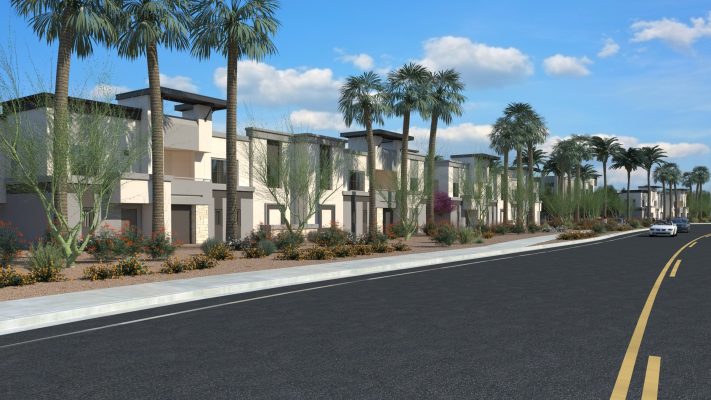 Streetscape rendering of the Aviva Goodyear apartments.