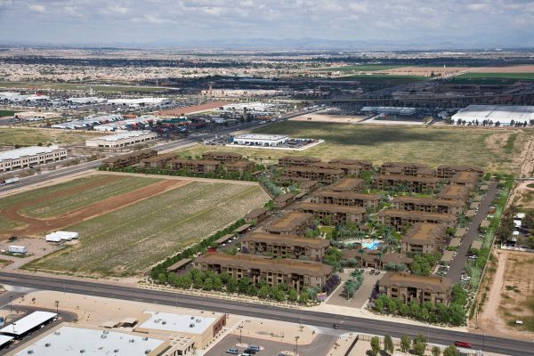 Aerial photo composite rendering of apartments at 94th Avenue and Van Buren, Phoenix, AZ. Design by Biltform Architecture.