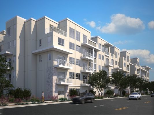 Streetscape perspective rendering of the Alta Camelback apartments. Project by Wood Partners.