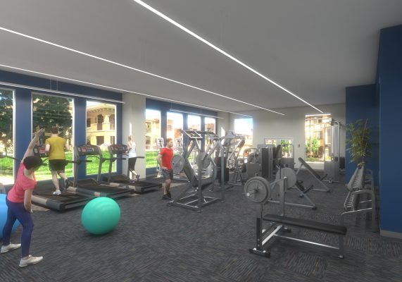 Fitness room interior rendering at the Christopher Todd Camelback apartments.