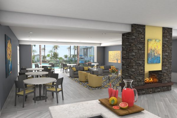 Club room interior rendering. Cays at Ocotillo luxury apartments, by Statesman Group.