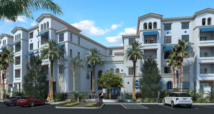 Main entry perspective rendering at the Cays at Ocotillo.