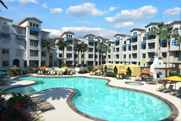 Pool and patio at the Cays at Ocotillo apartments.