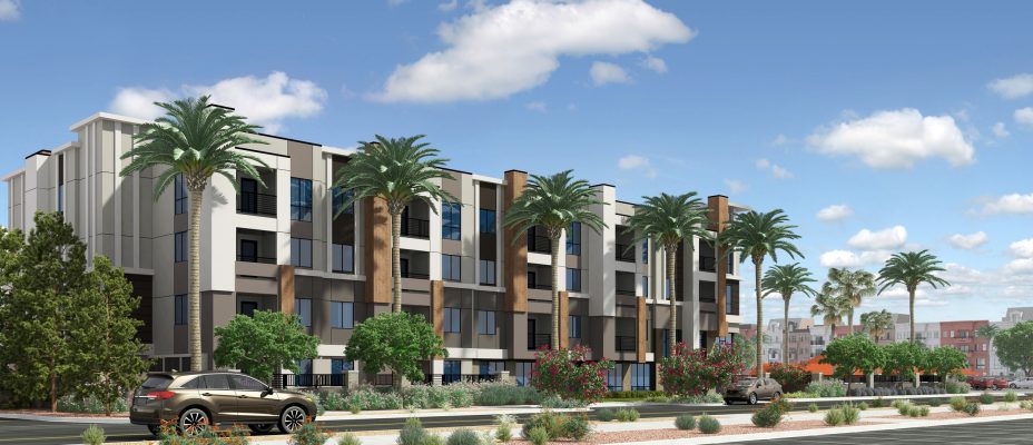 Perspective rendering of the Chandler Golf Course apartments. Alta San Marcos in the distance.