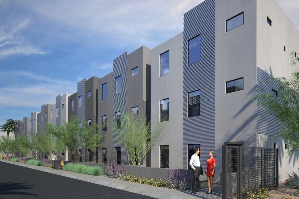 Rendered perspective of the Echo Park apartments in Phoenix, Arizona.