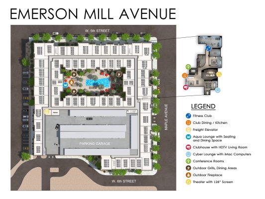 Rendered Community / Amenity Map for the Emerson Mill Avenue apartments in Downtown Tempe, Arizona.
