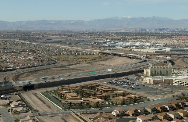 Aerial photo composite rendering of Alexan Fiesta Apartment complex in Las Vegas