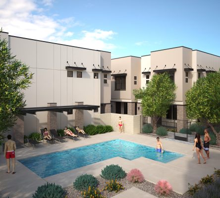 Pool and patio rendering at the Hudson apartments. Project by Porchlight Homes.
