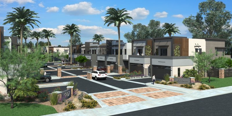 Raised entry perspective rendering of the MOD Central apartments.