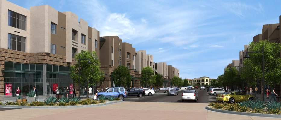 Alternate streetscape rendering for Main Street Glendale apartments.