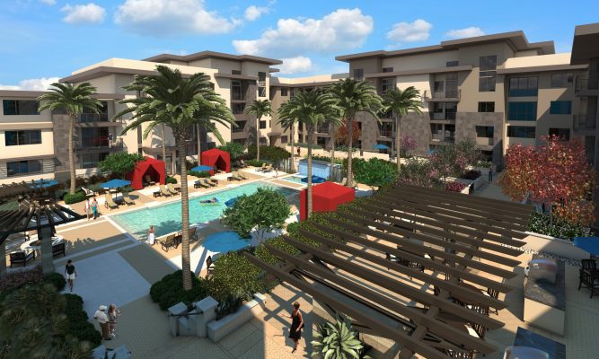 Pool and patio courtyard at Escape Apartments, a PB Bell project.