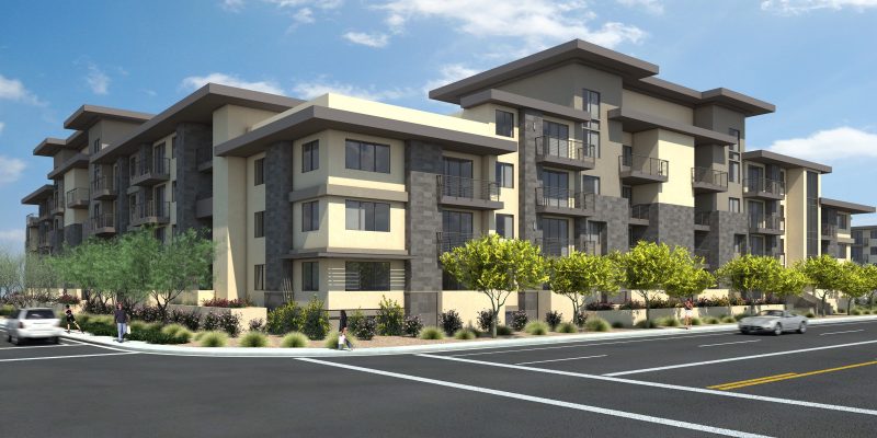 Corner perspective rendering of PB Bell apartments at 16th Street and Highland. Phoenix, AZ.