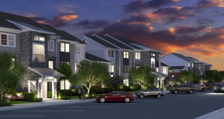 Twilight perspective rendering of Building 1 and 2 at the Palms at Town Center apartments. Project by Housing Trust Group.