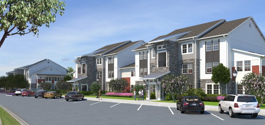 Perspective rendering of Building 2 at the Palms at Town Center apartments. Project by Housing Trust Group.