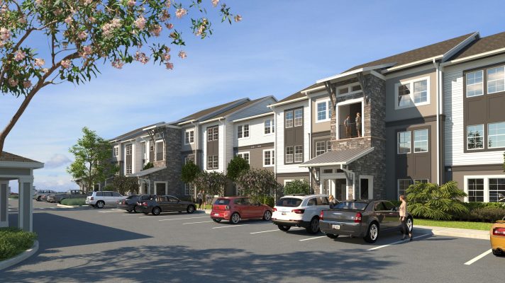 Perspective rendering of Building 3 at the Palms at Town Center apartments. Project by Housing Trust Group.