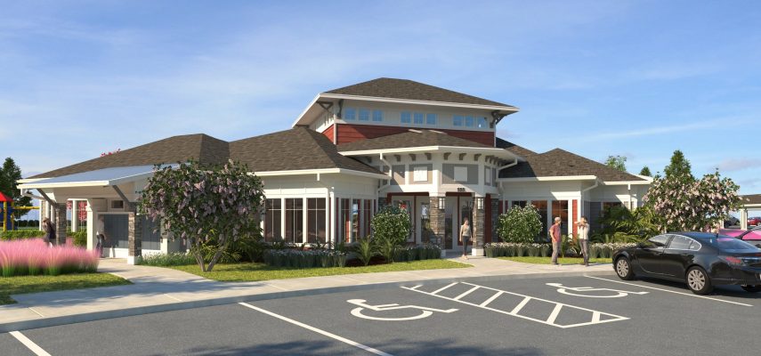 Perspective rendering of the Clubhouse at the Palms at Town Center apartments. Project by Housing Trust Group.