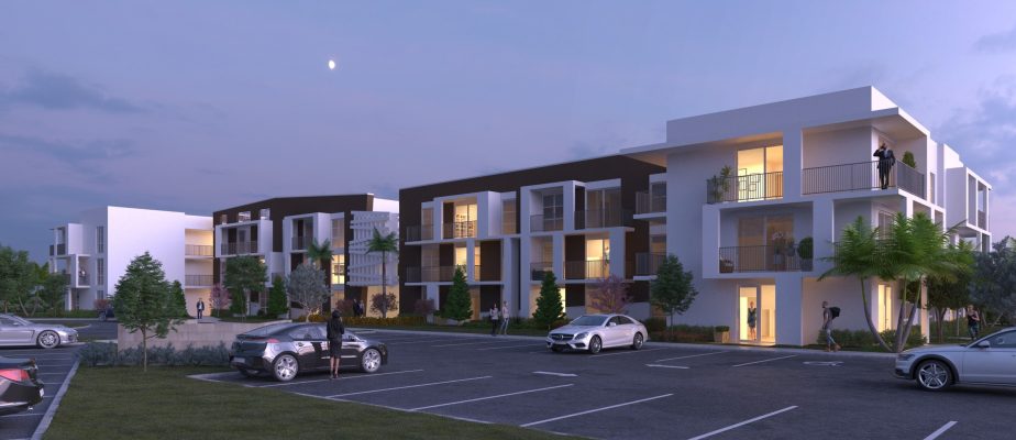 Twilight rendering of the Princeton apartments project in Florida. Project by Housing Trust Group.
