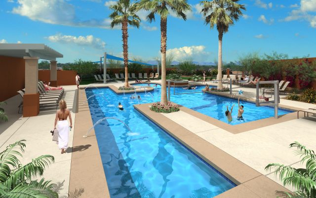 South pool and patio rendering at Sage Luxury Apartments, North Phoenix, by Beztak Development.