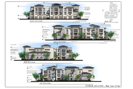 Rendered elevation sheet for the San Artes Apartments by Mark-Taylor Residential, located in Scottsdale, Arizona.